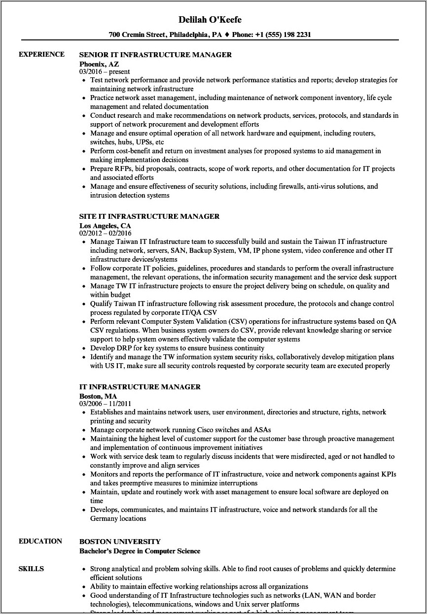 It Infrastructure Manager Resume Doc