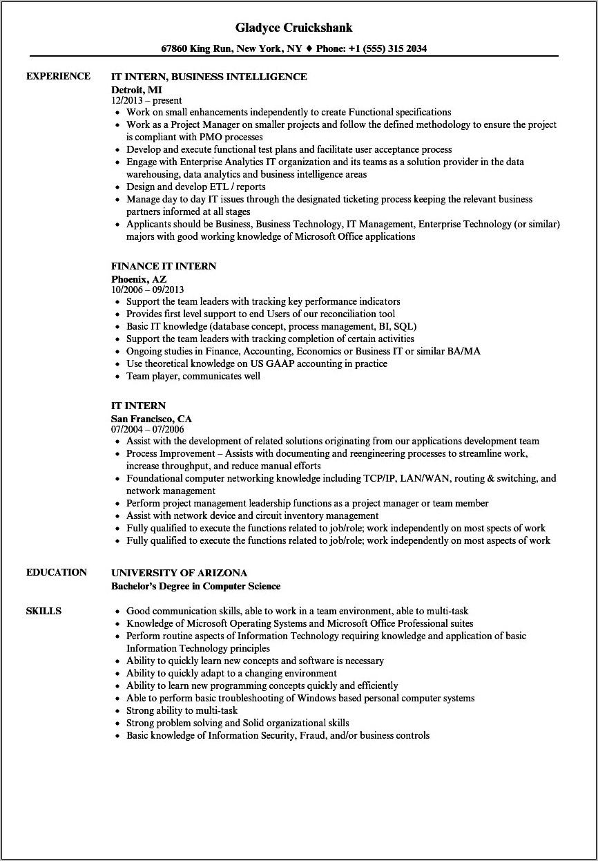 It Internship Resume Objective Examples