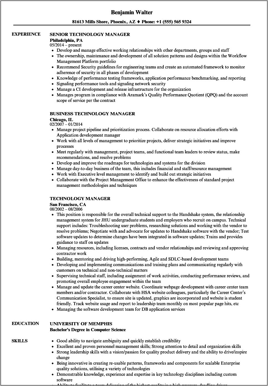 It Technical Manager Resume Example