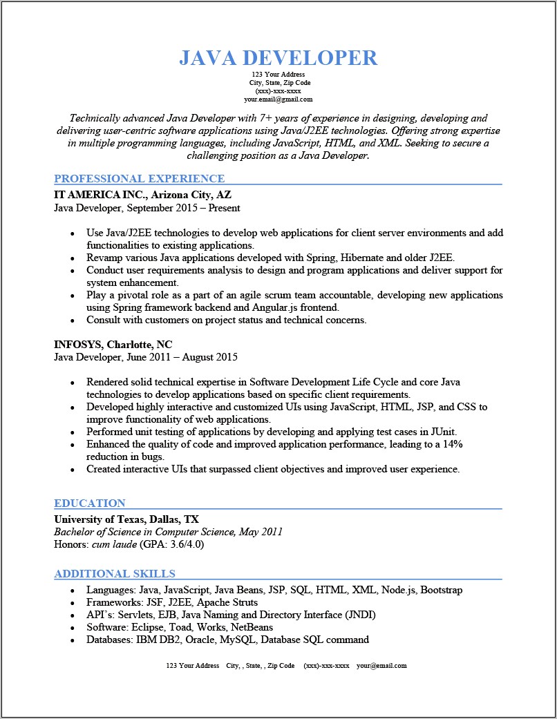 Java Backend Developer Sample Resume