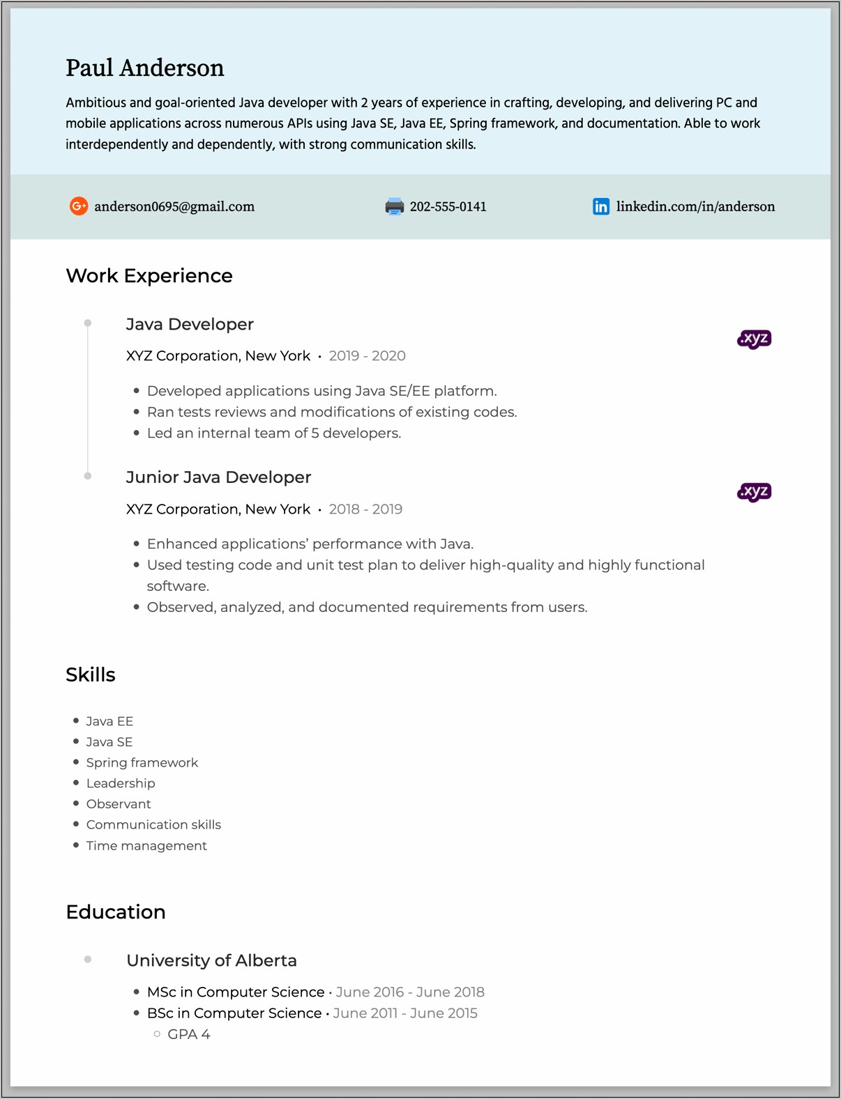 Java Html Css Resume Example