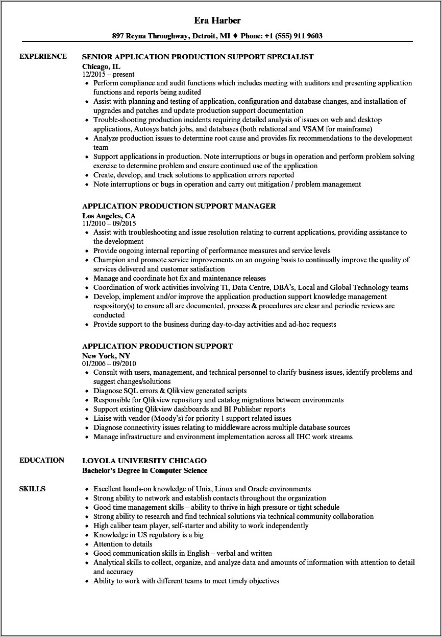 Java Production Support Sample Resume