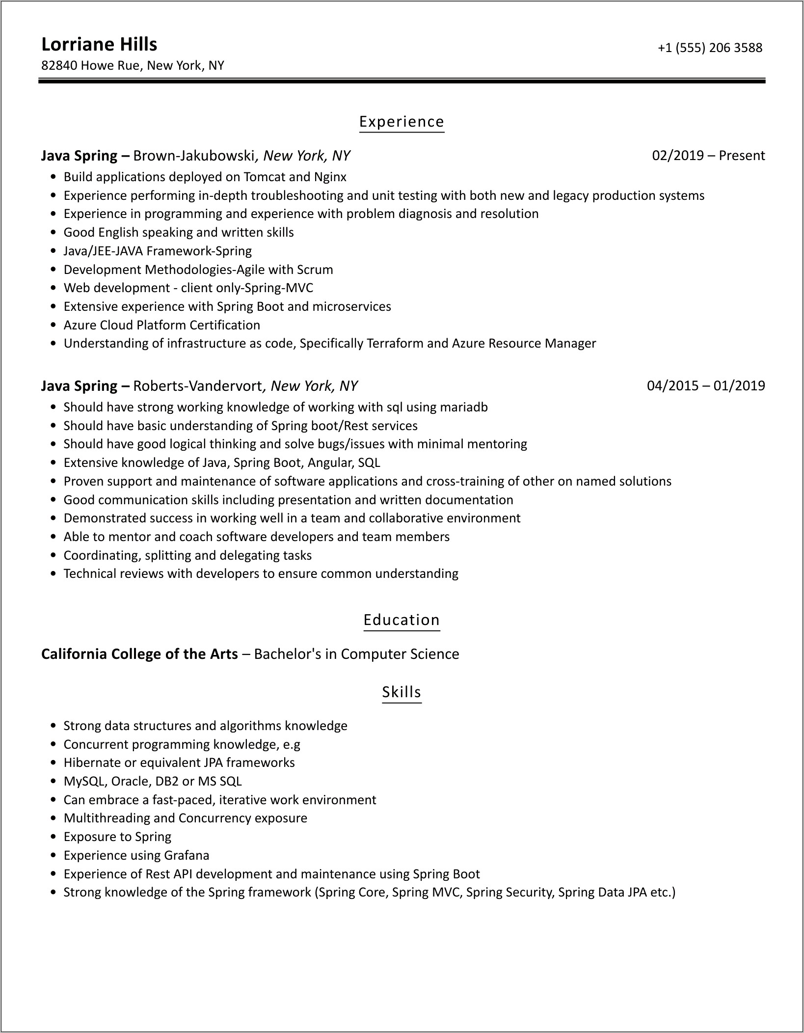 Java Spring Boot Resume Sample