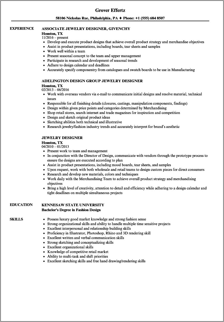 Jewelry Project Manager Resume Sample