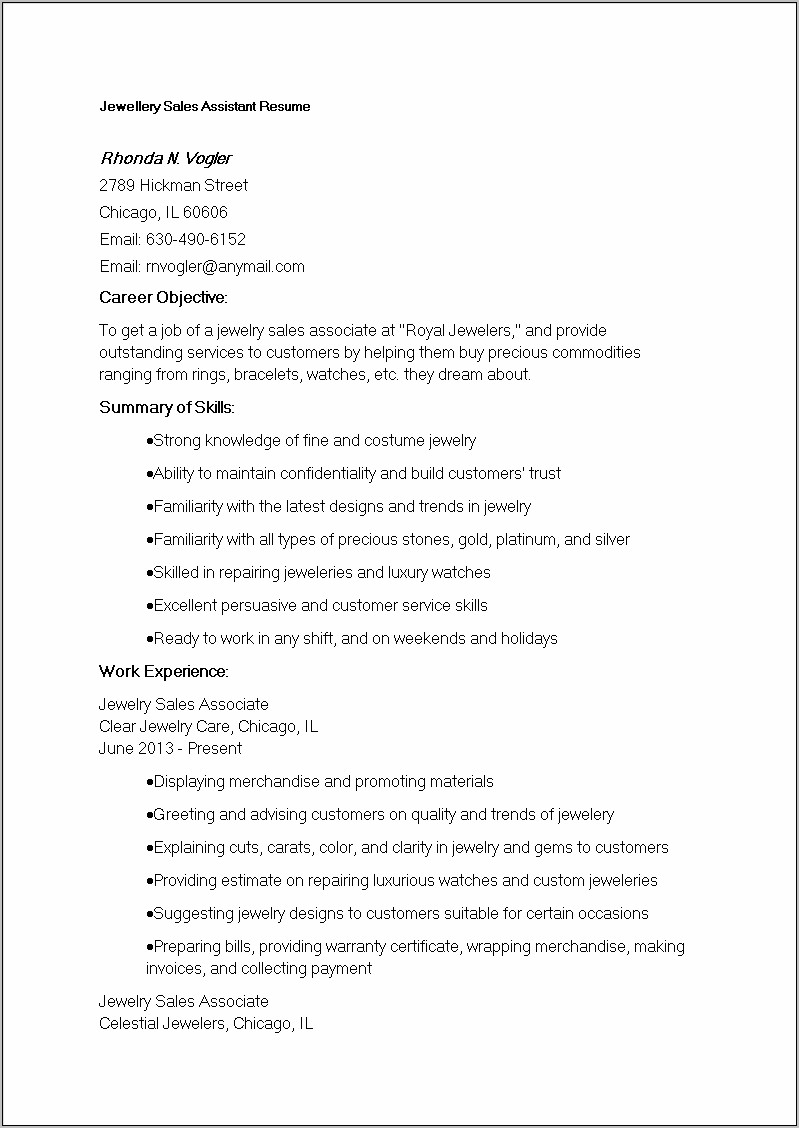 Jewelry Sales Associate Resume Sample