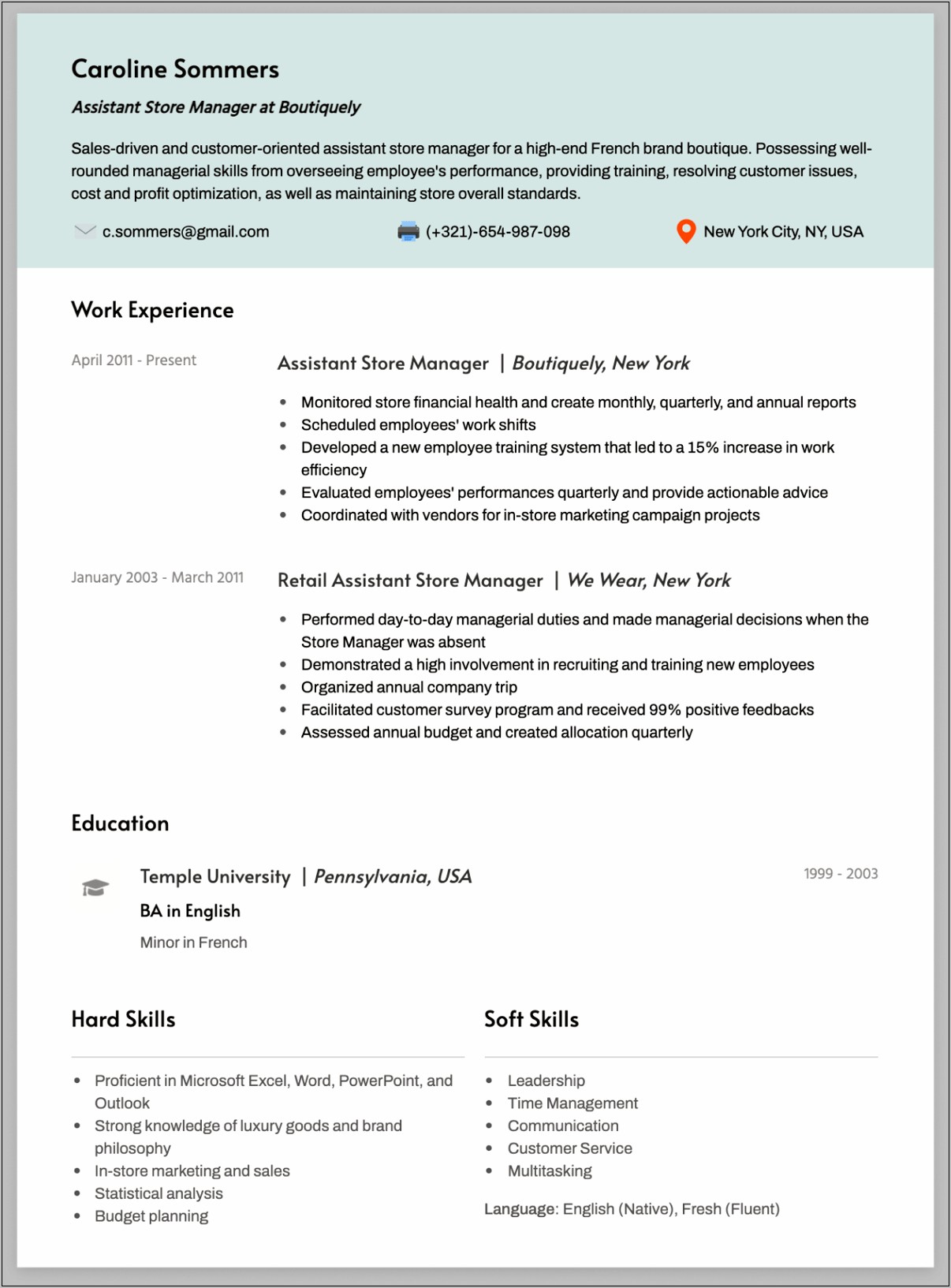 Jiffy Lube Assistant Manager Resume