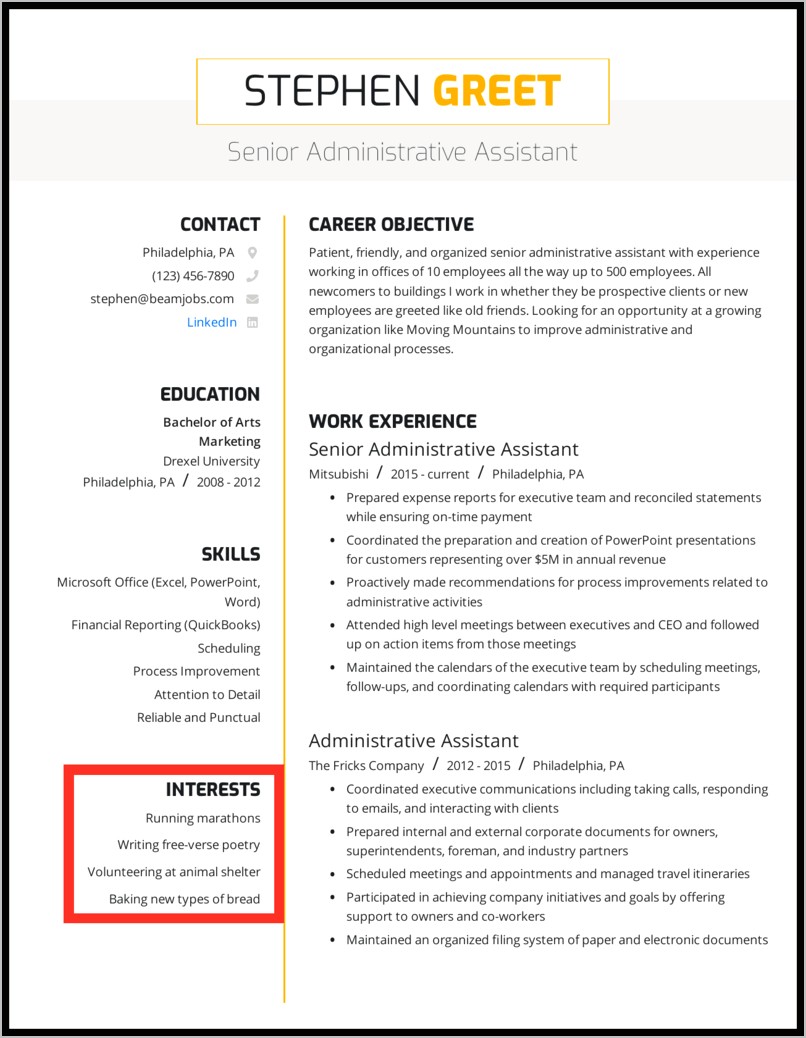 Job Application Hobbies In Resume