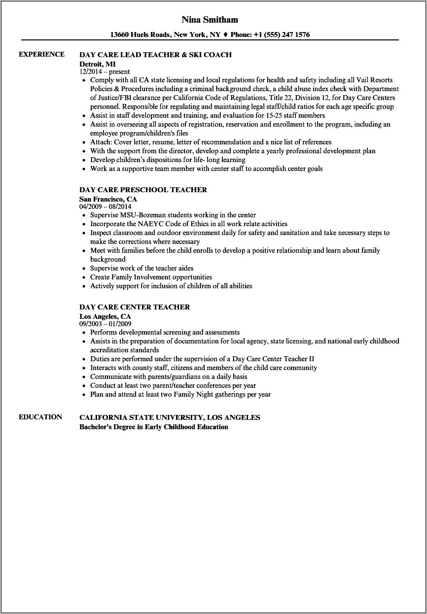 Job Description Daycare Worker Resume