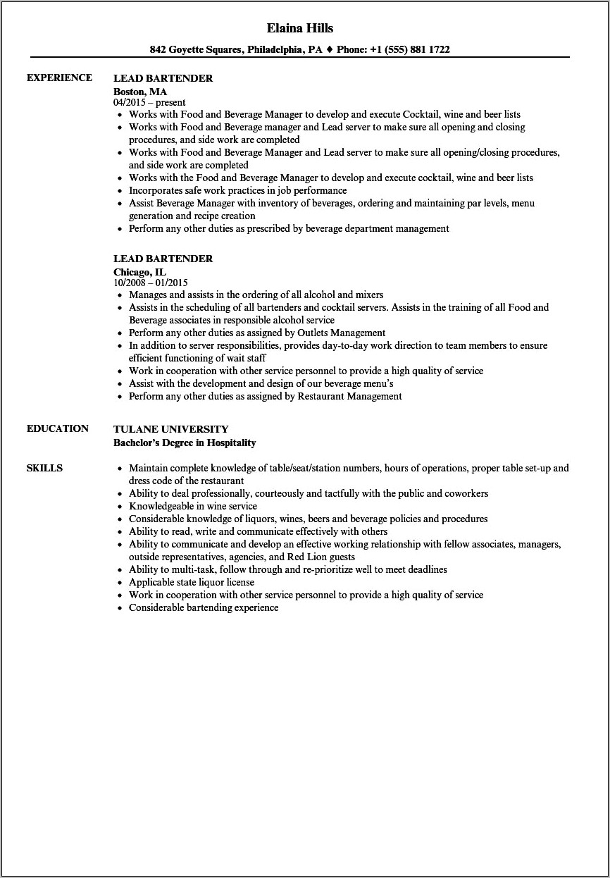 Job Description For Bartender Resume