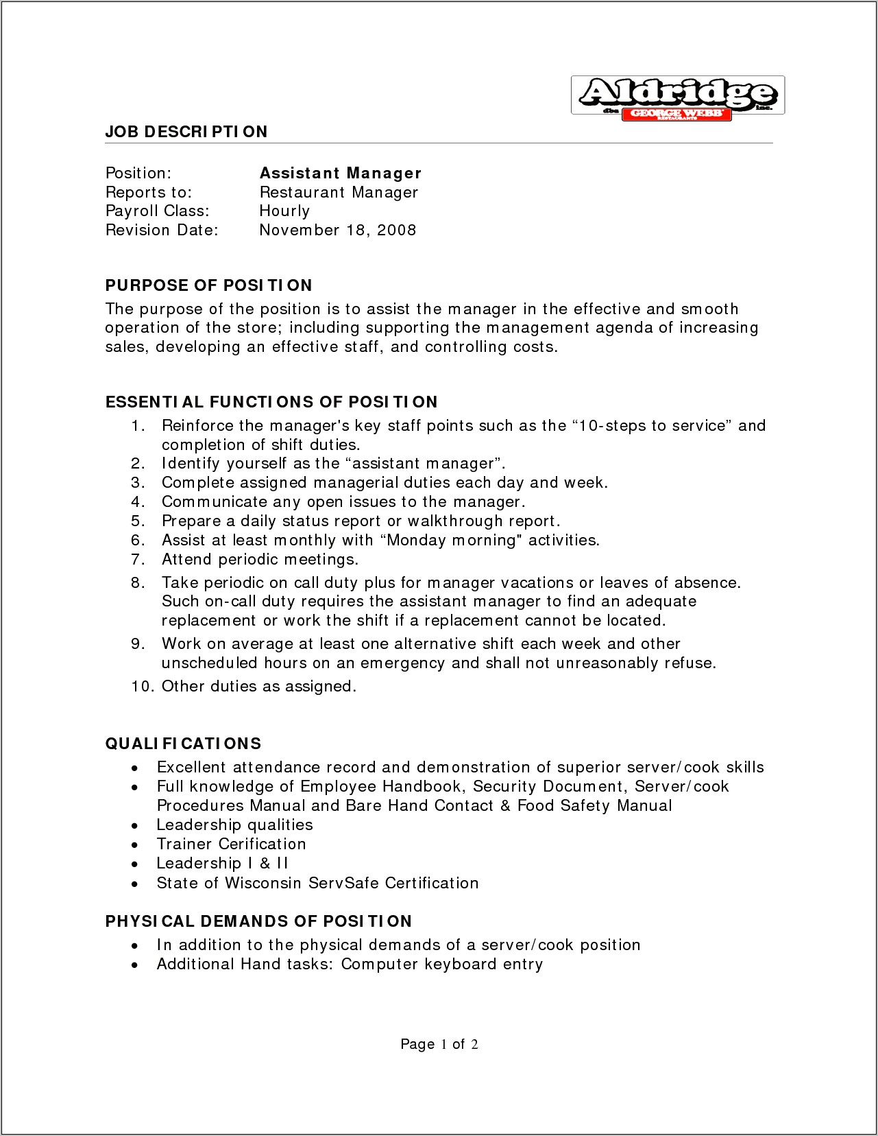 Job Description For Restauartn Resume