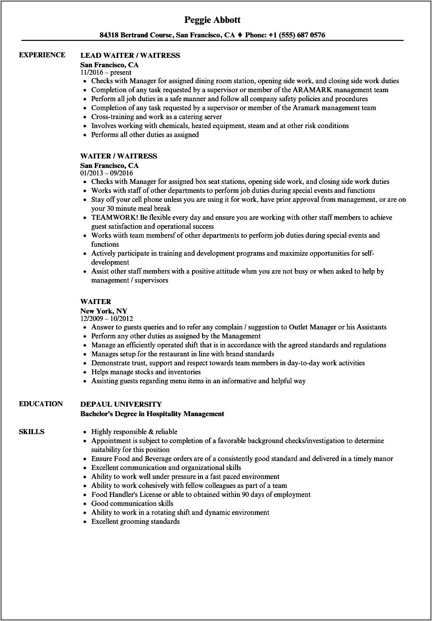 Job Description For Server Resume