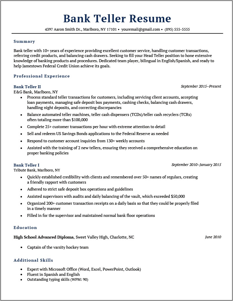 Job Description Personal Banker Resume
