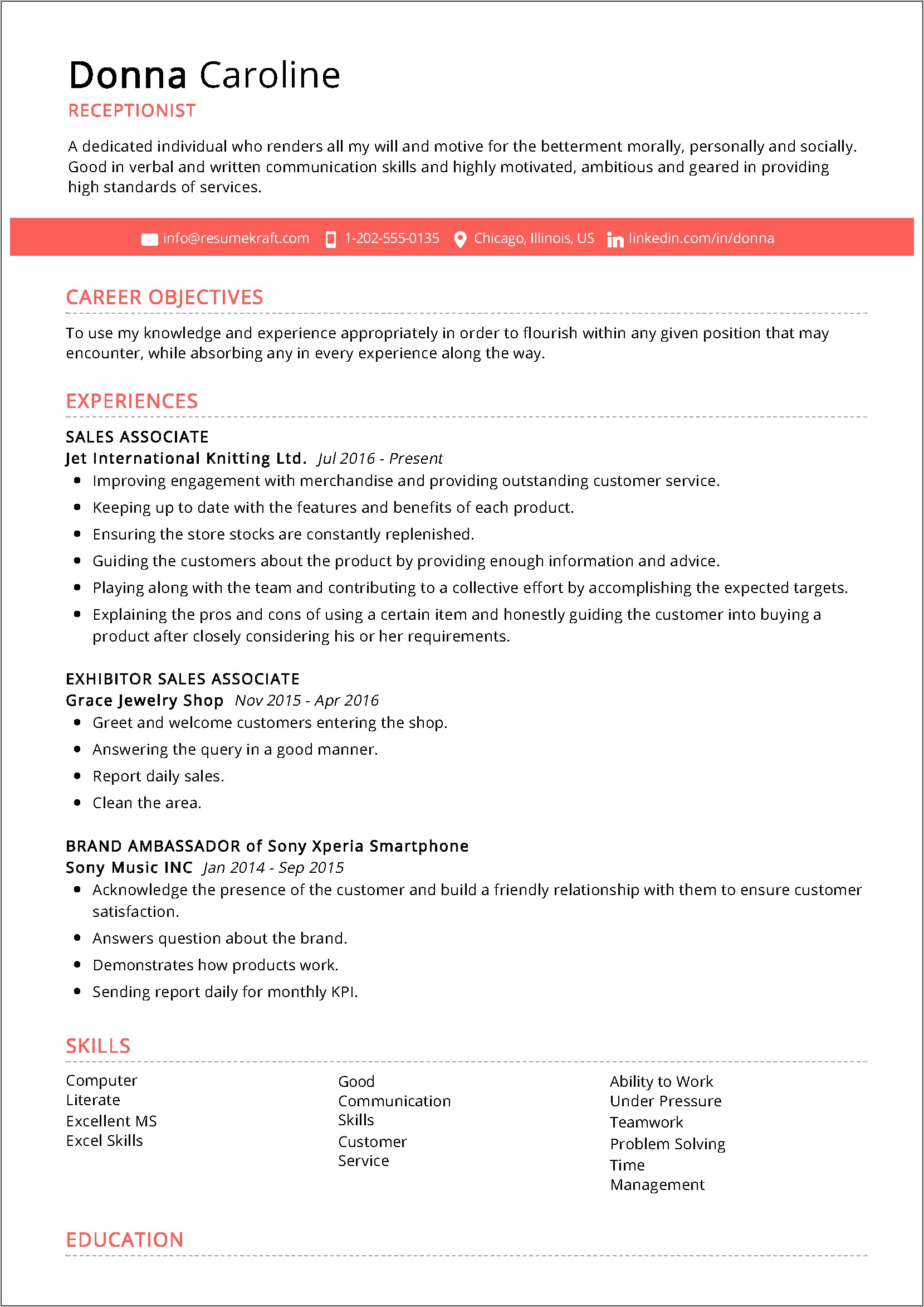 Job Description Resume For Receptionist