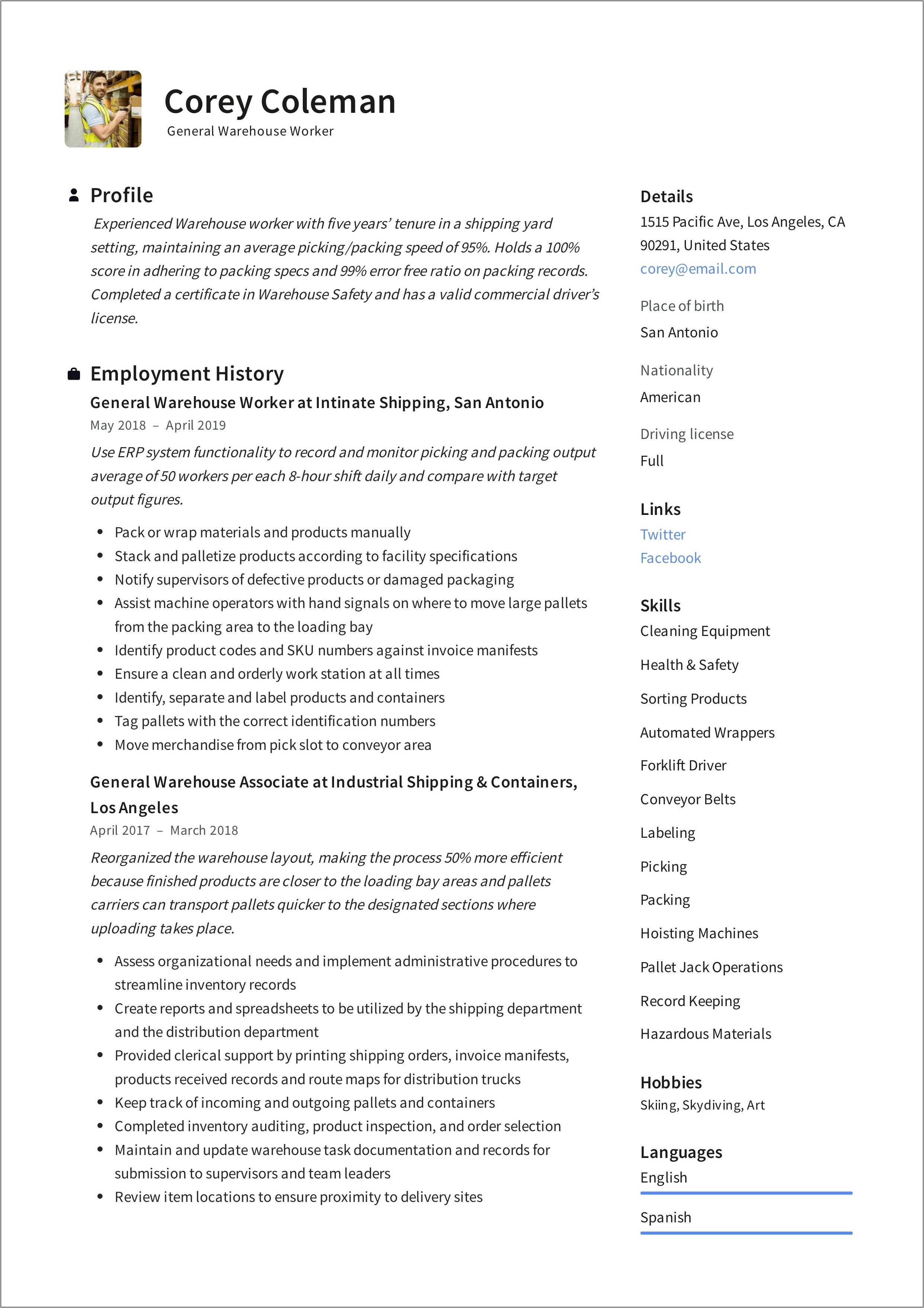 Job Description Warehouse Worker Resume