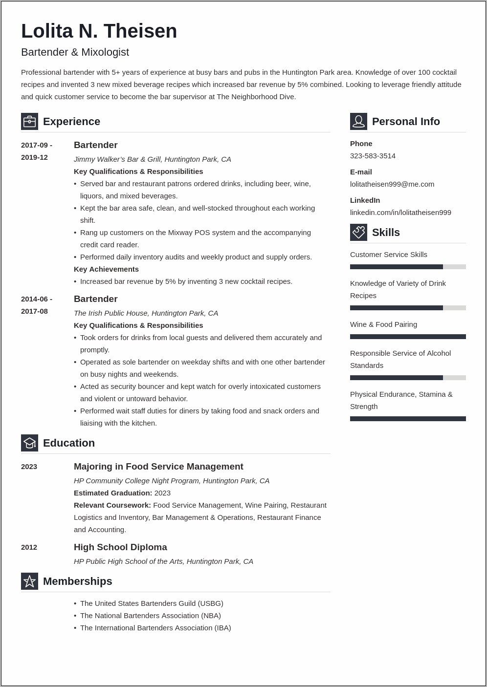 Job Duties For Bartender Resume