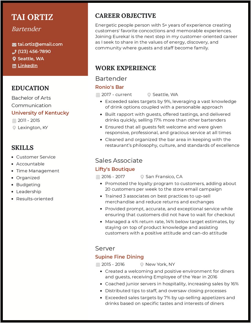 Job Objective For Bartender Resume