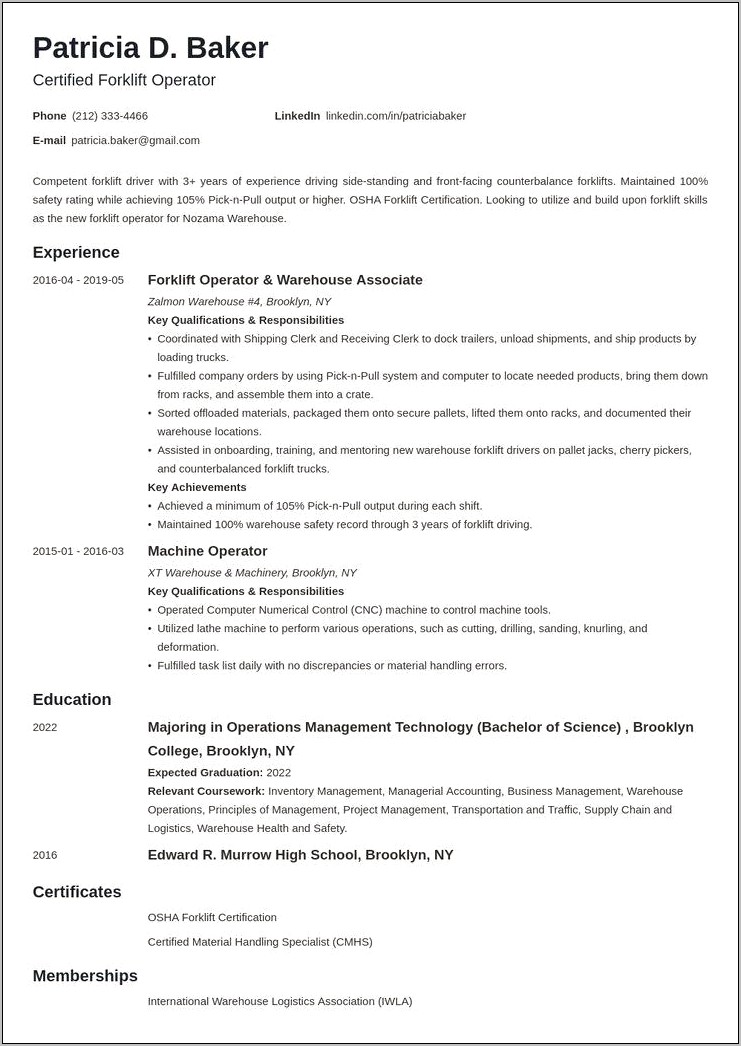 Job Resume For Matierials Handler