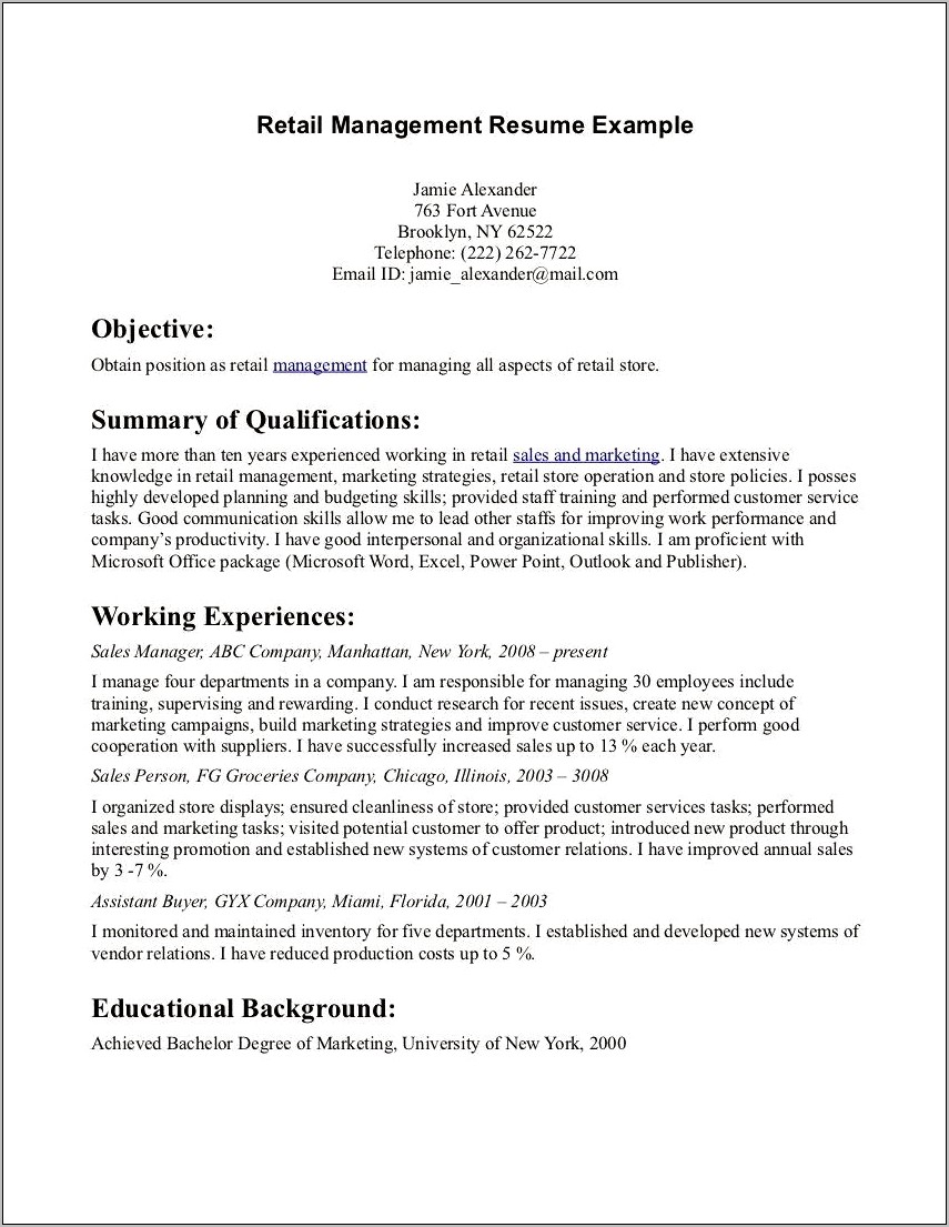 Job Resume Objective For Retail