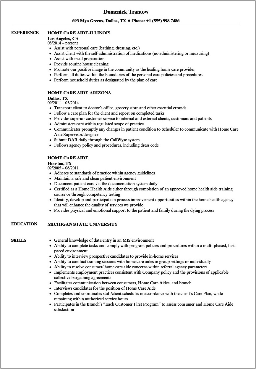 Job Summary For Hha Resume