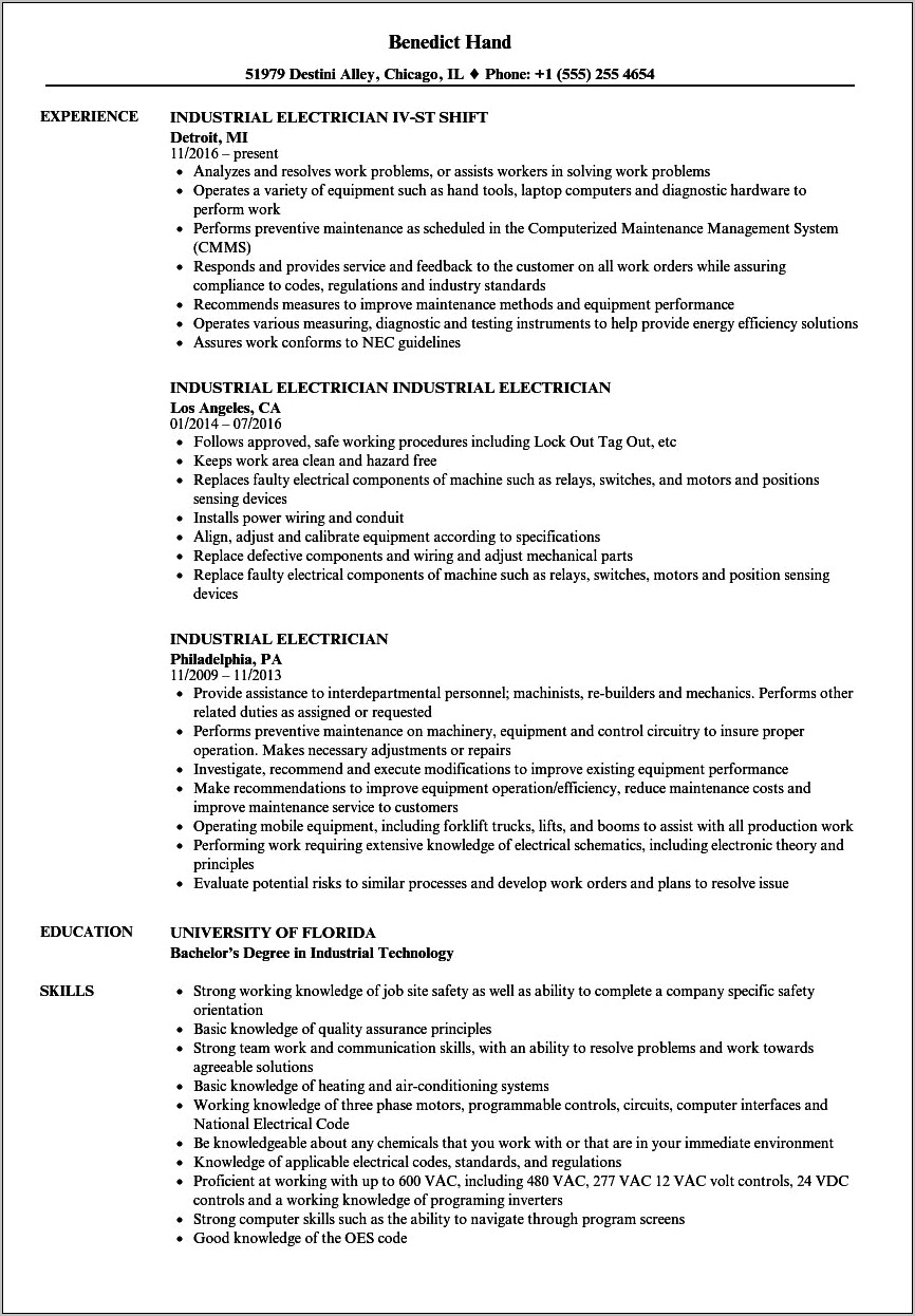 Journeyman Electrician Skills For Resume