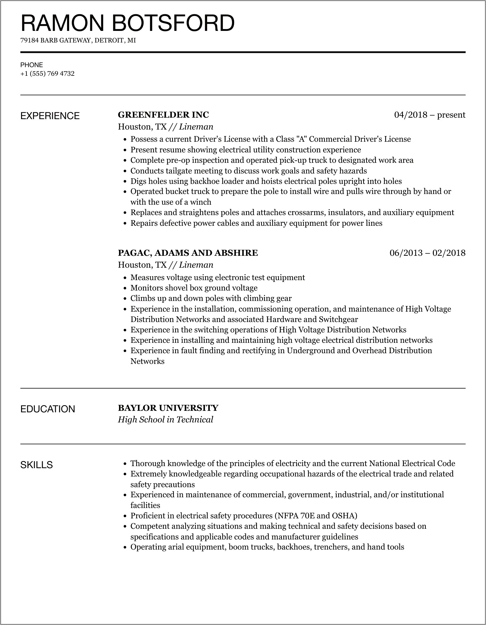 Journeyman Lineman Skills For Resume