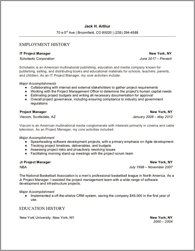 Jr It Project Manager Resume