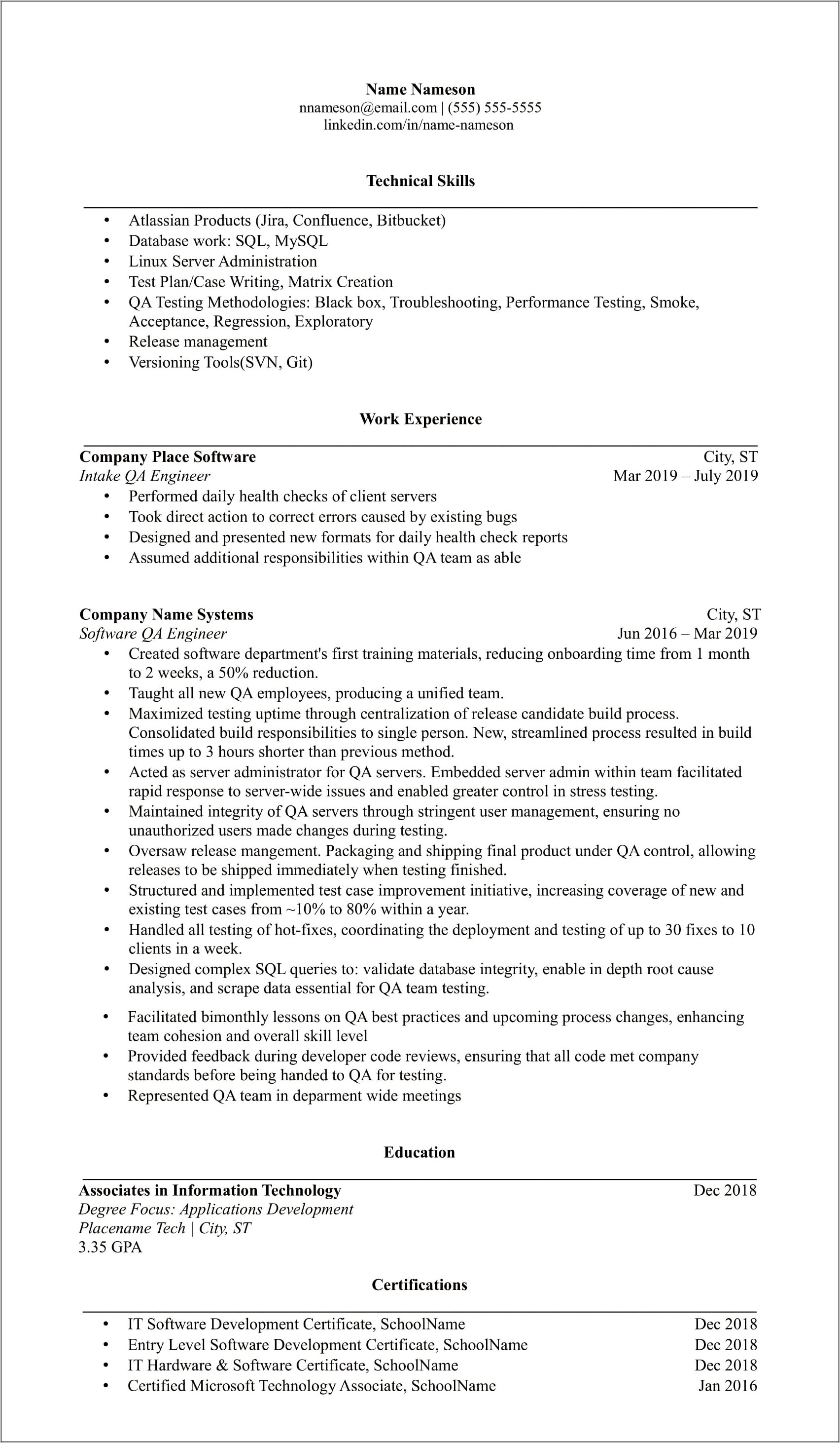 Jr Qa Engineer Sample Resume