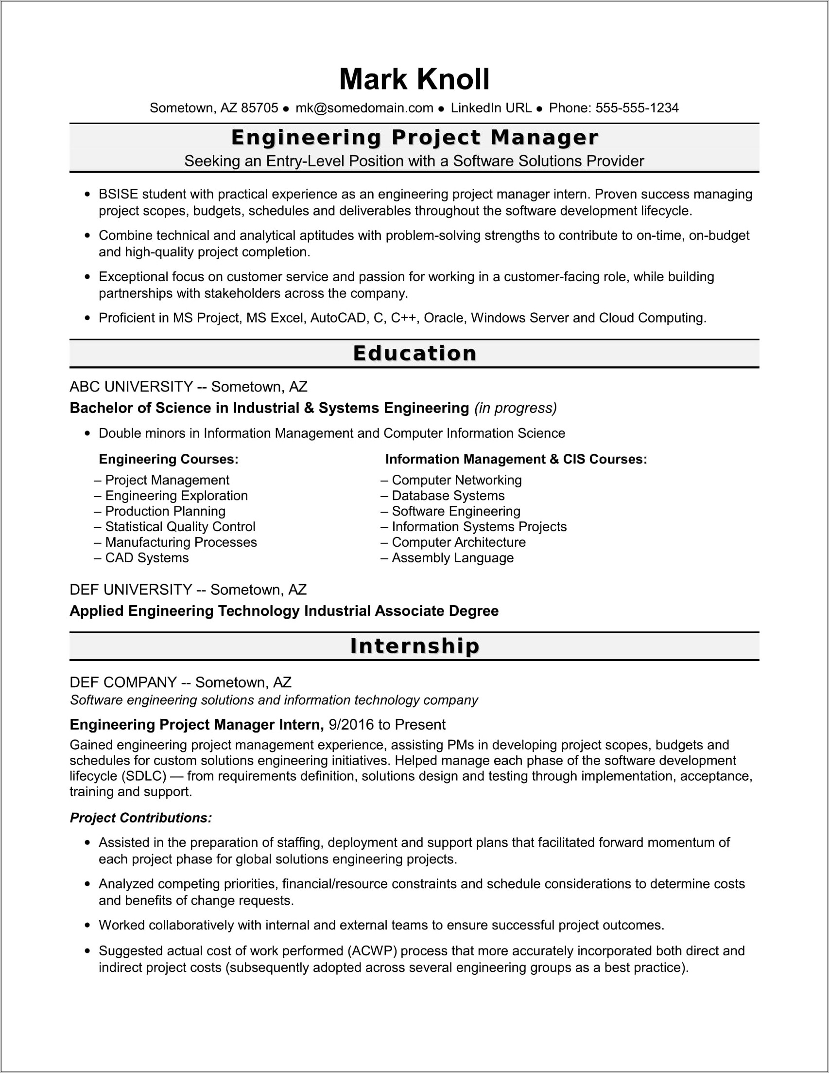 Junior Construction Project Manager Resume