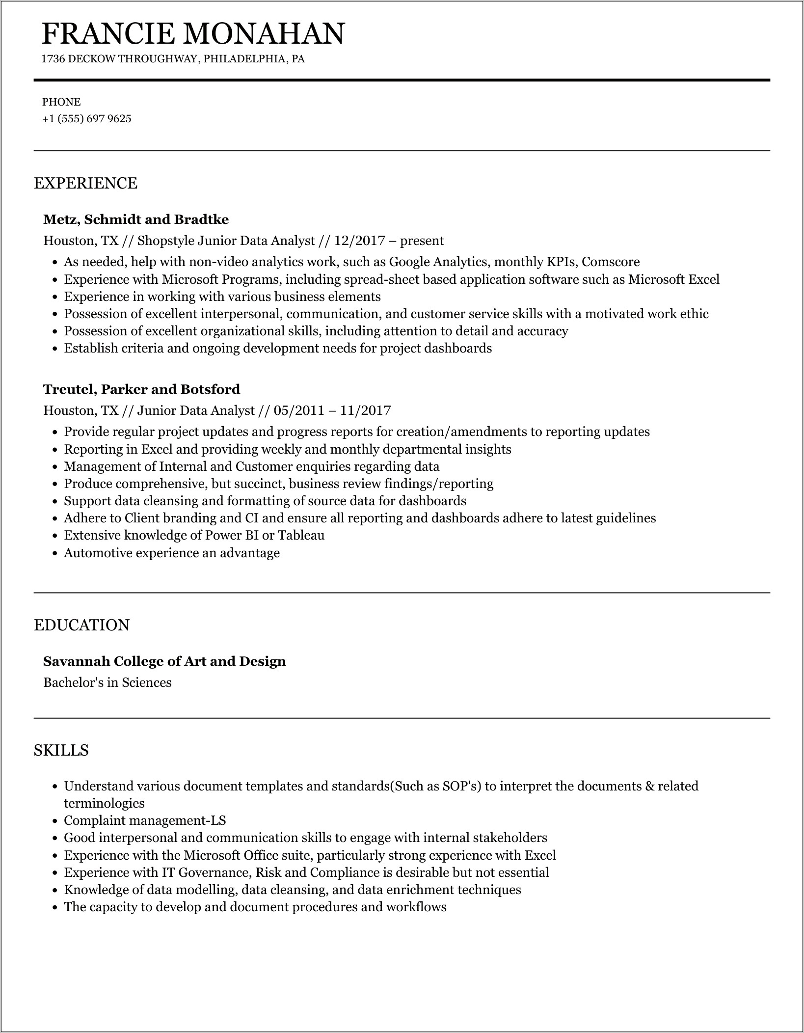 Junior Database Analyst Resume Sample