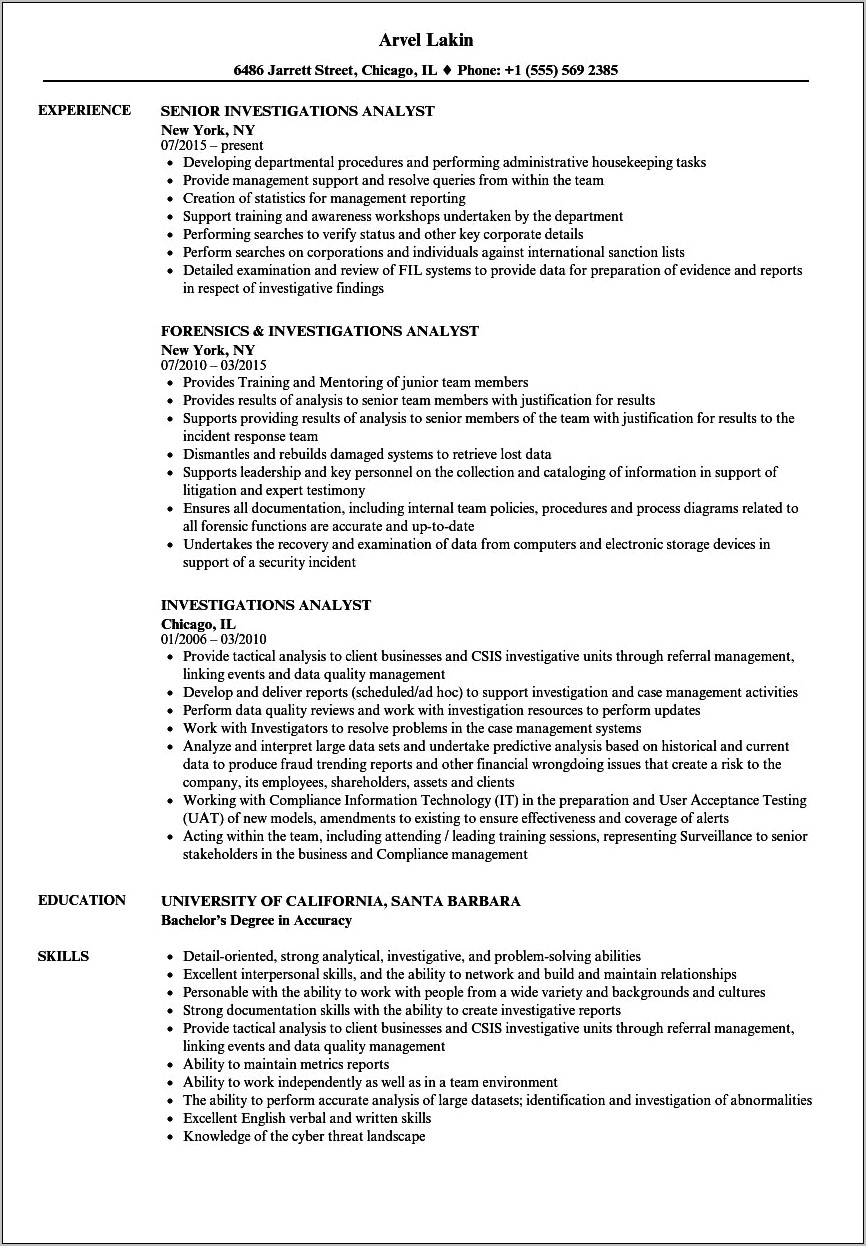 Junior Fraud Examiner Resume Examples