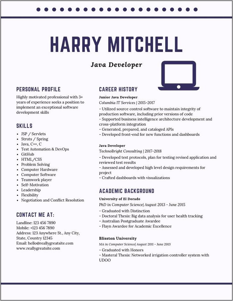 Junior Java Developer Sample Resume