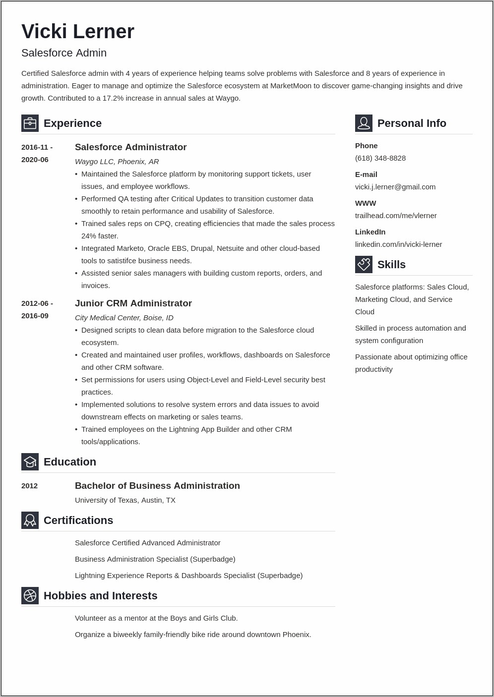 Junior Salesforce Administrator Sample Resume