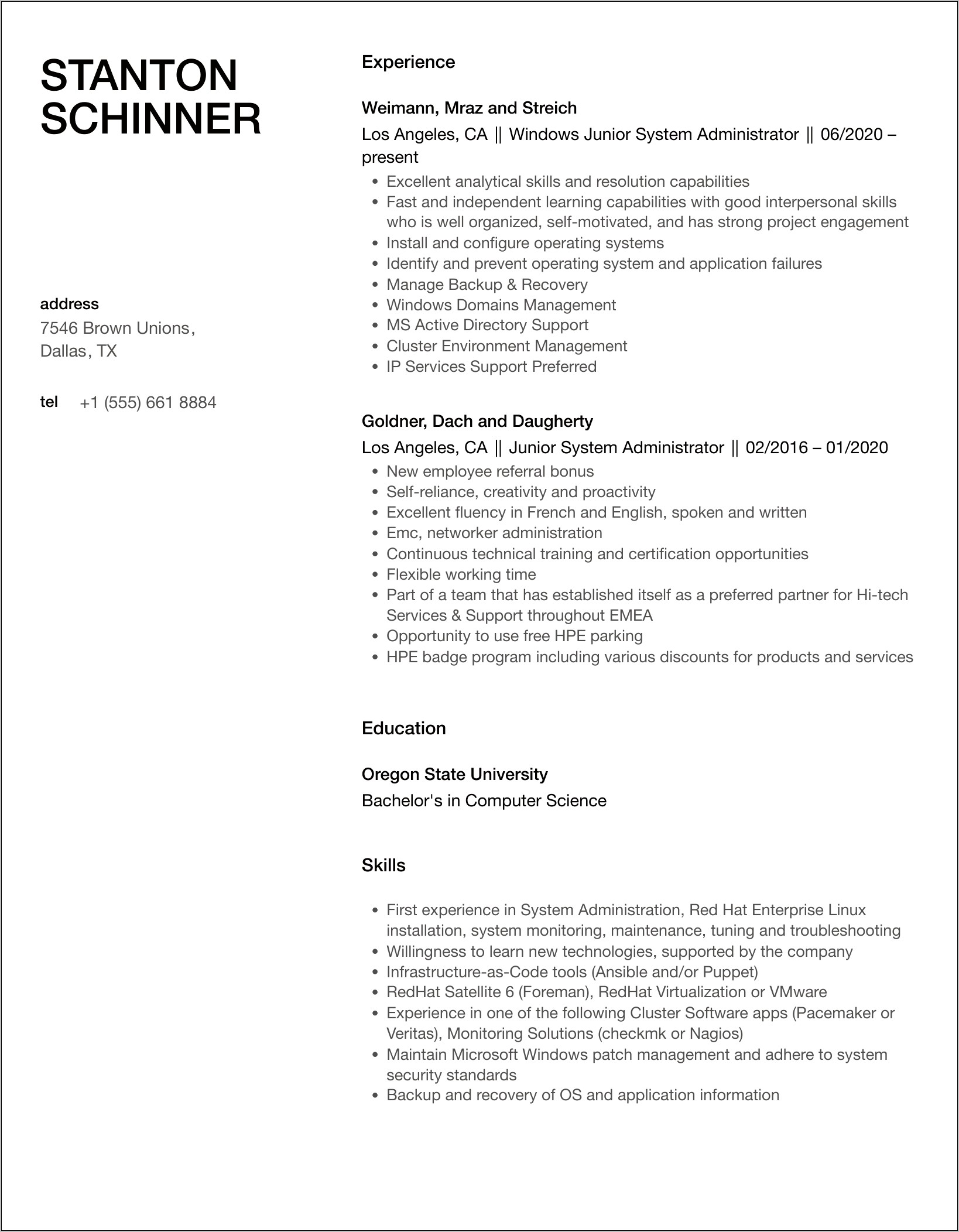 Junior Systems Administrator Resume Objective