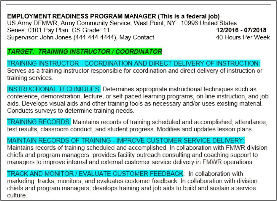Kathy Troutman Federal Resume Example