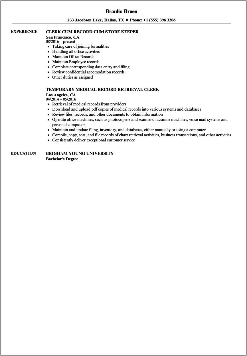 Keeping A Record Resume Sample