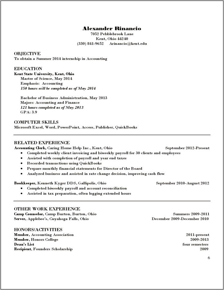 Kent State University Sample Resume