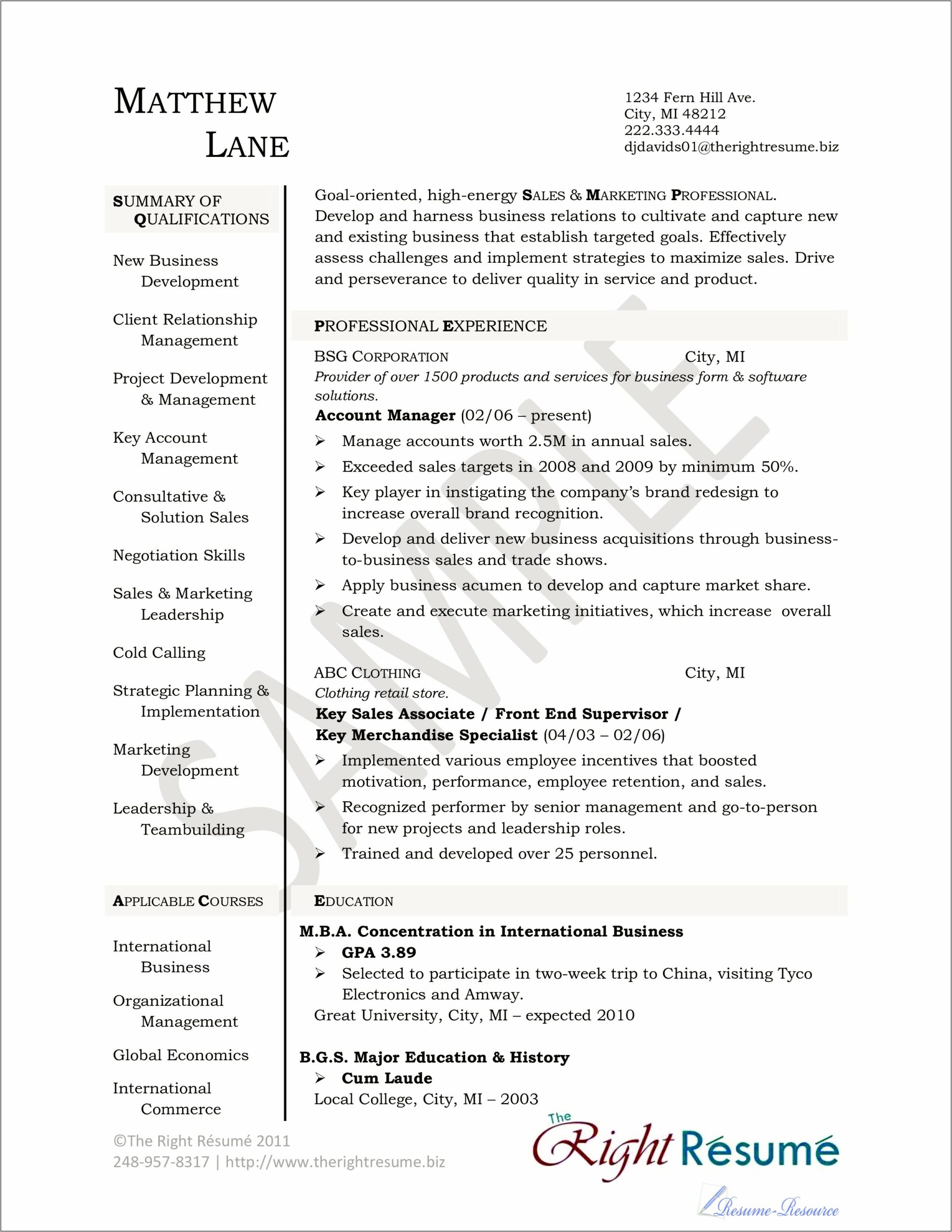 Key Account Manager Resume Sample