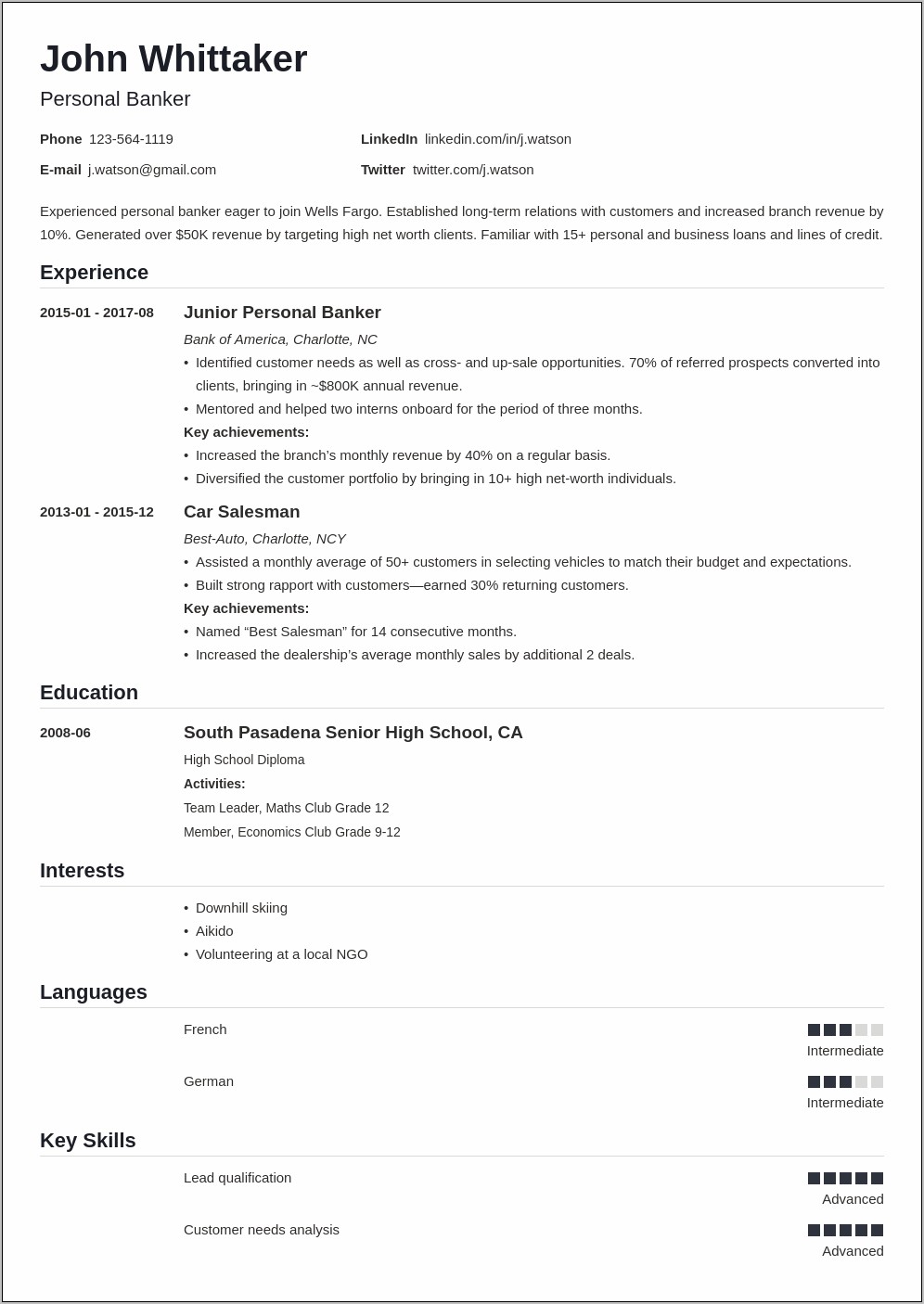 Key Skills For Banking Resume