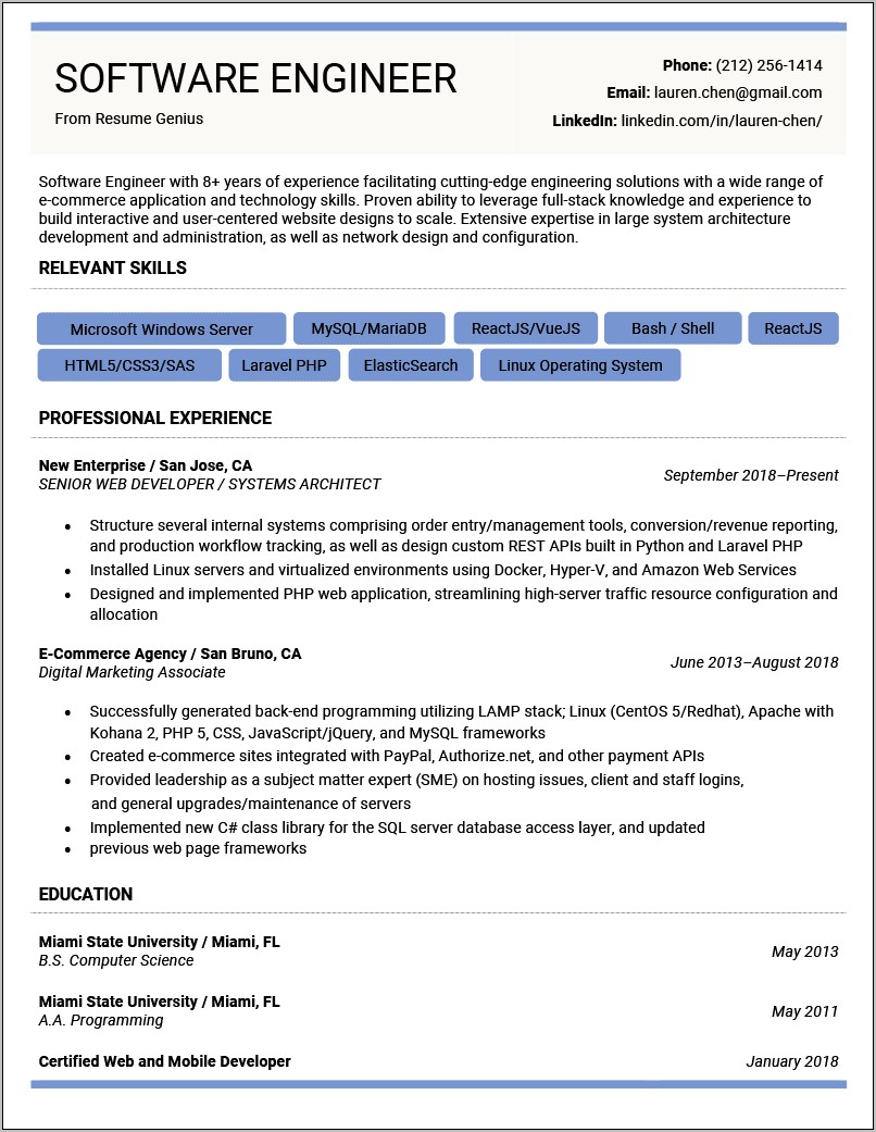 Knowledge Of Frameworks Resumes Sample