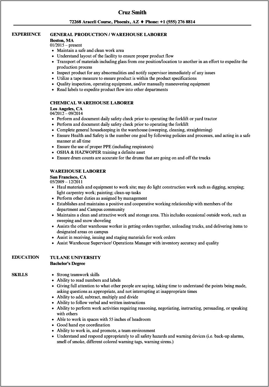 Labor Job Experience On Resume