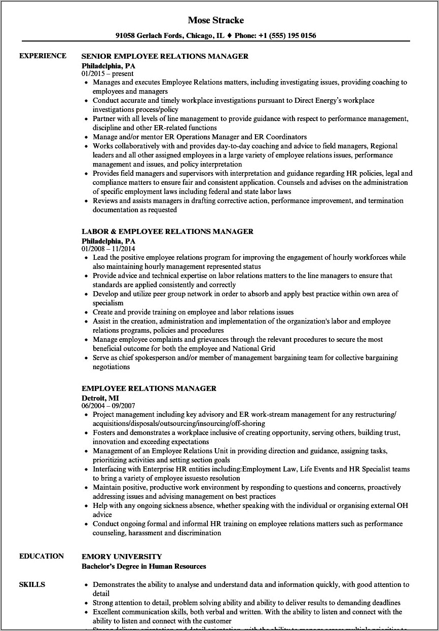 Labor Relations Job Description Resume