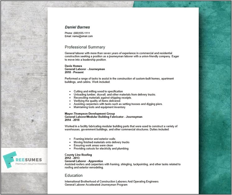 Labor Work Construction Resume Examples