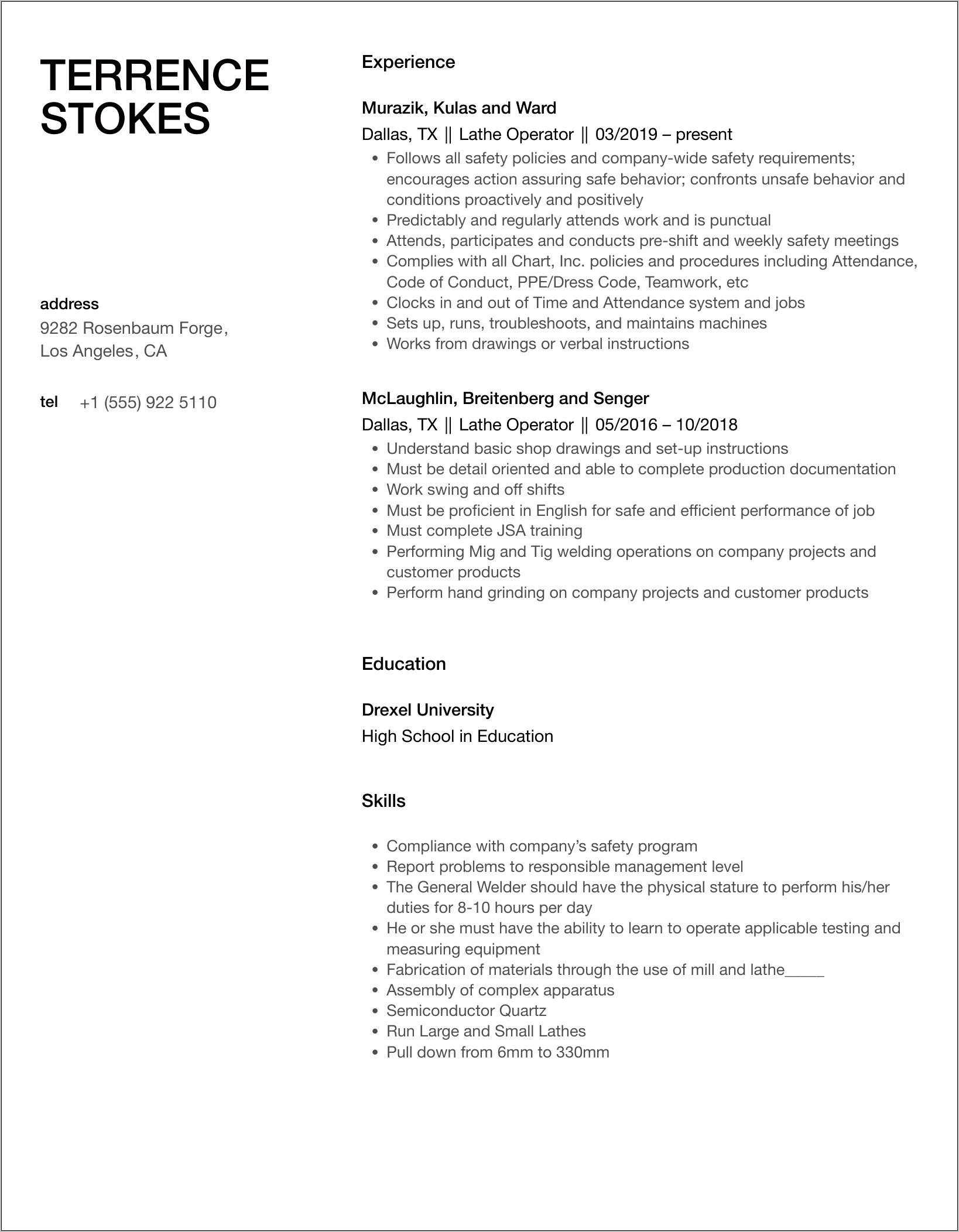 Lathe Machine Operator Resume Sample