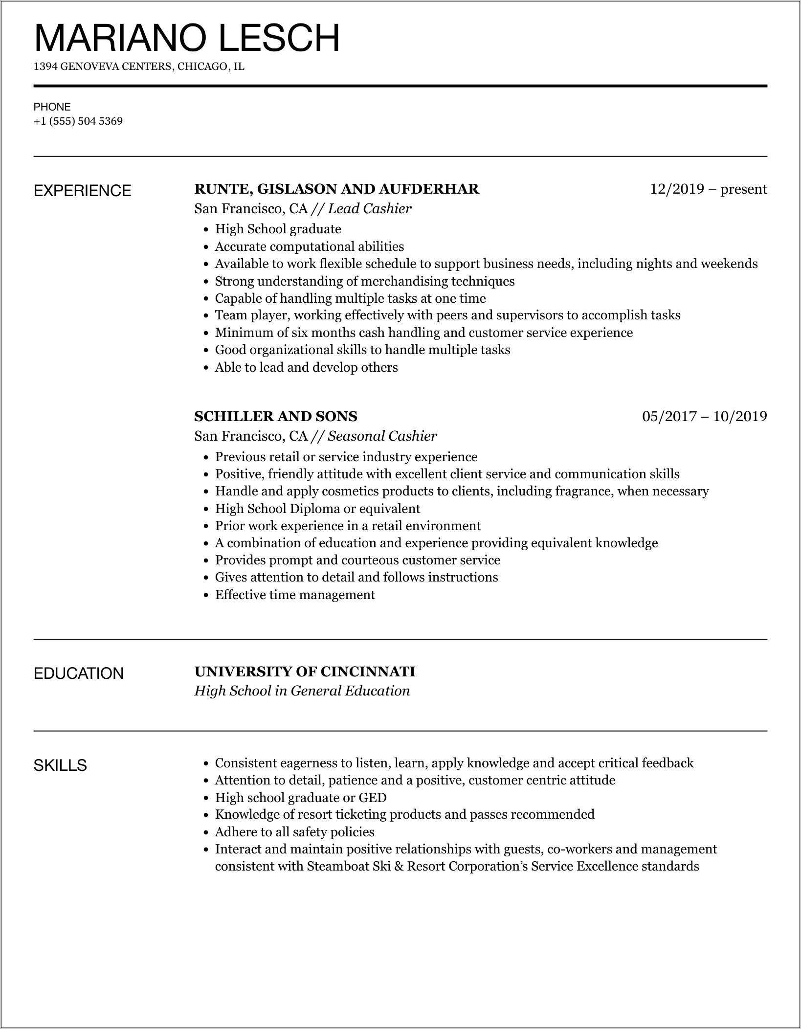 Laundry Cashier Job Description Resume