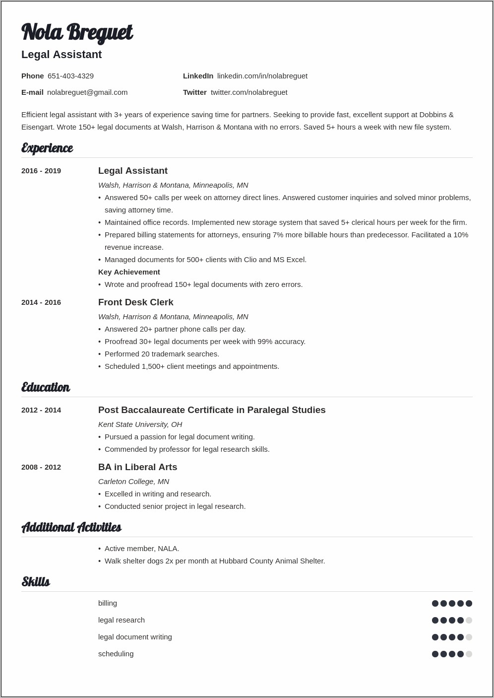 Law Clerk Legal Sample Resume