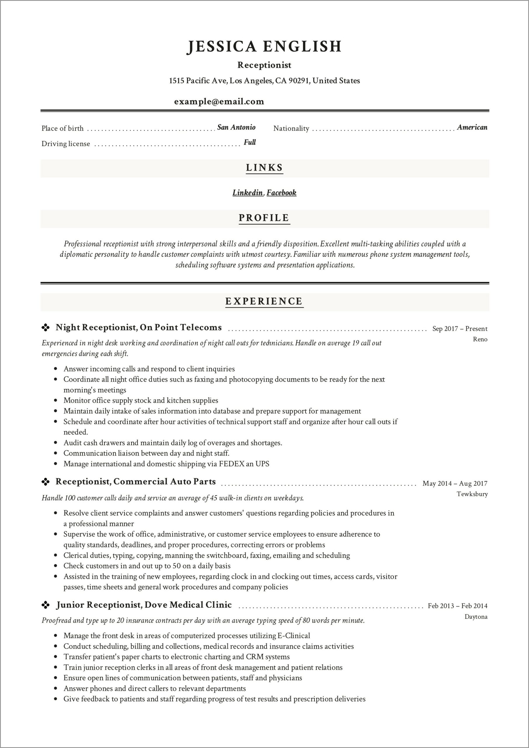 Law Firm Receptionist Resume Sample