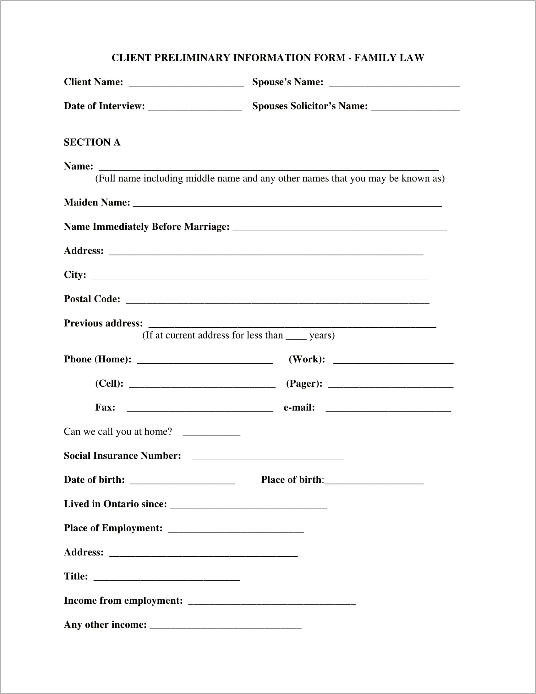 Law Legal Client Intake Form Template Download