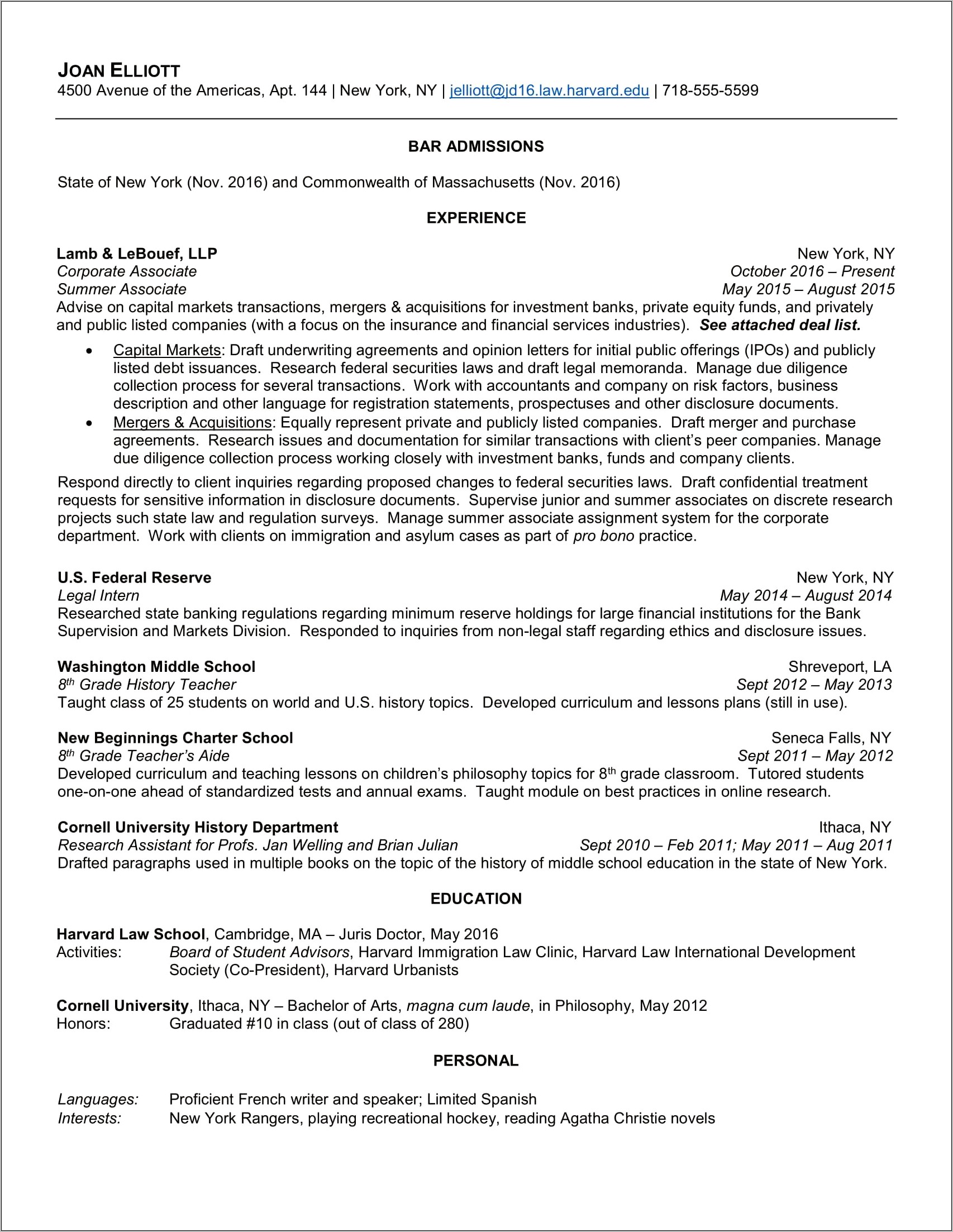 Law School Resume Harvard Sample