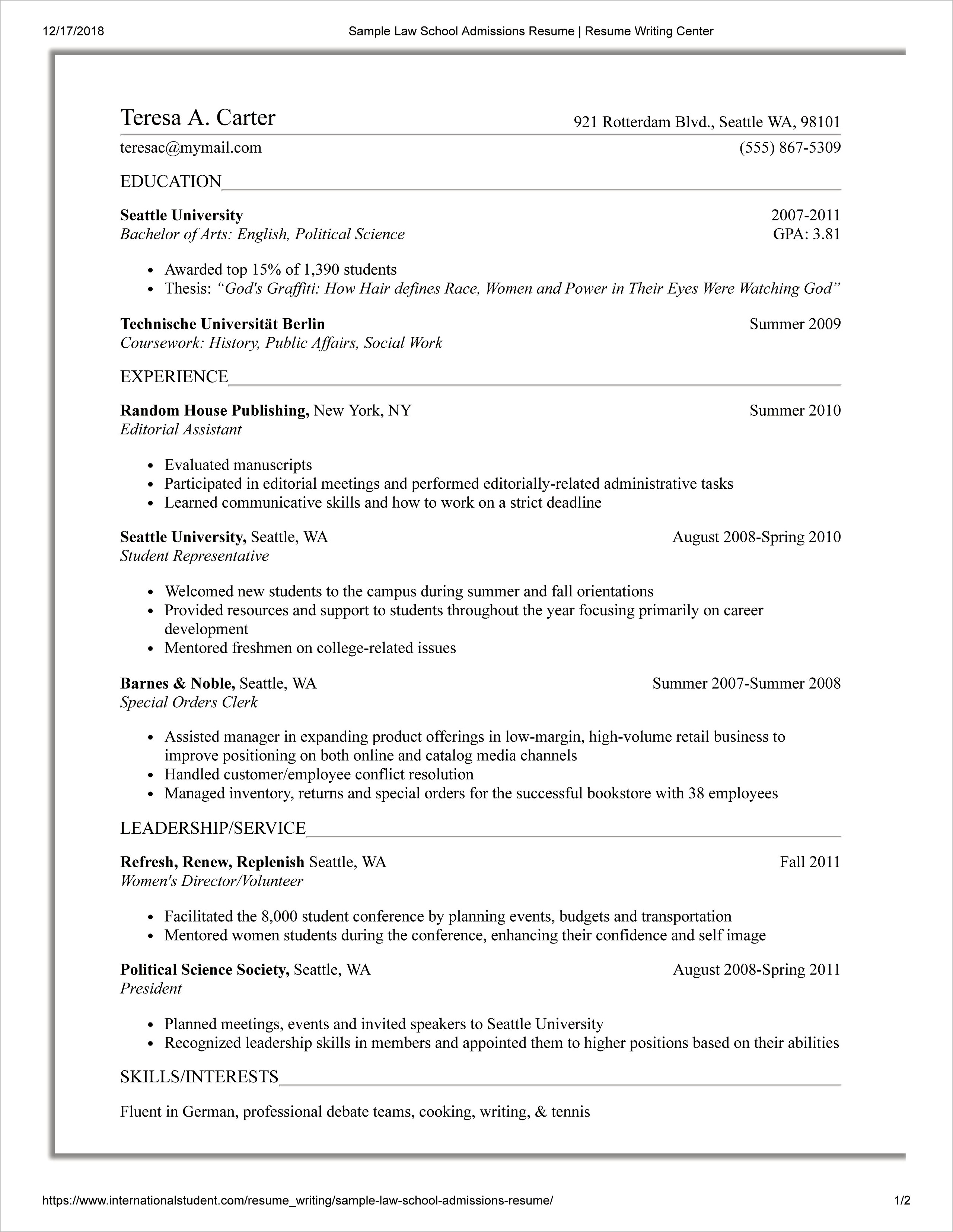 Law School Resume Sample Columbia