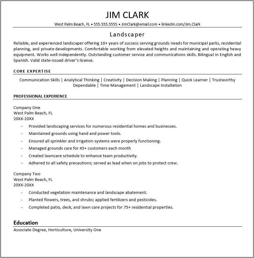 Lawn Care Specialist Resume Example